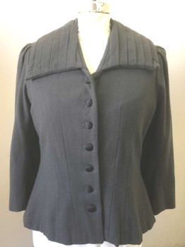 N/L, Dk Gray, Black, Wool, Acrylic, Solid, 3/4 Sleeve, 7 Black Satin Covered Buttons, Large Collar with Vertical Pleats, Mauve Silk Lining, Made To Order