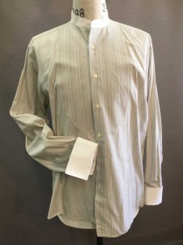 PRES DU CORPS, Off White, Olive Green, Brown, Cotton, Stripes, Upper Class Shirt. White & Light Olive & Brown Stripe Cotton Shirt Wirh Off White Collar Band & French Cuffs. Bib Front in Self. a Little Thread Bare at Center Back, Mid Waist,