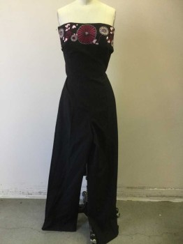 Womens, Evening Jumpsuit, ALEXANDER MCQUEEN, Black, Fuchsia Pink, Lt Pink, Wool, Mohair, Solid, Floral, W:26, B:32, Strapless, Top with Embroidery Side Panels, Stylized Obi CB