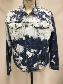Mens, Casual Jacket, FOREVER21 MEN, Blue, White, Denim, L, Dark Blue With White Splotchy Print, Button Front,  Collar Attached,  2 Flap Pockets