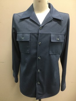 Mens, 1970s Vintage, P1, N/L, Steel Blue, Polyester, 44, Leisure Shirt, 5 Buttons, Long Sleeves, 2 Pockets with Flaps, Collar Attached, Double Knit