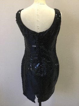 NECESSARY OBJECTS, Black, Polyester, Sequins, Fitted Dress. Sequinned All Over. Sleeveless, Crew Neck, Open Scoop Back, Zipper Center Back,