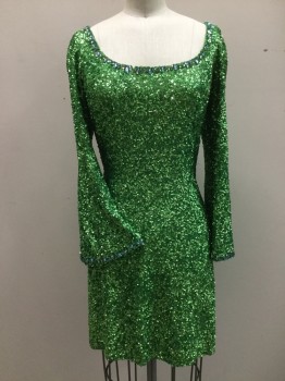 Womens, Cocktail Dress, M.T.O., Green, Sequins, Solid, XS, Bright Green Tiny Sequined All Over Dress, Scoop Neck with Bright Rhine Stone Teardrops. Zipper Center Back, Bell Sleeves with Bright Rhine Stone Teardrop Trim. Slits at Side Seams,
