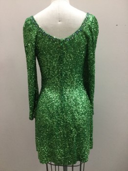 M.T.O., Green, Sequins, Solid, Bright Green Tiny Sequined All Over Dress, Scoop Neck with Bright Rhine Stone Teardrops. Zipper Center Back, Bell Sleeves with Bright Rhine Stone Teardrop Trim. Slits at Side Seams,