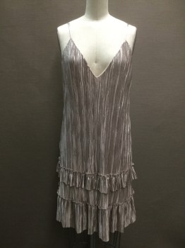 LOST & WANDER, Silver, Polyester, Solid, with Blush Undertones, Vertical Crinkle, Ruffle Hem and Extra Ruffle, V-neck, Adjustable Spaghetti Straps