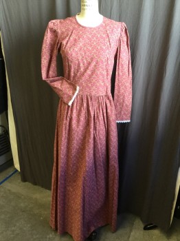 Womens, Historical Fiction Dress, NL, Raspberry Pink, Maroon Red, Tan Brown, Lt Brown, White, Cotton, Polyester, Leaves/Vines , W:34, B:36, White Lace Round Neck and Small Puffy Long Sleeves Trim, Gathered Floor Length Skirt, Zip Back,