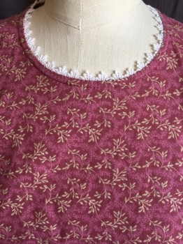 Womens, Historical Fiction Dress, NL, Raspberry Pink, Maroon Red, Tan Brown, Lt Brown, White, Cotton, Polyester, Leaves/Vines , W:34, B:36, White Lace Round Neck and Small Puffy Long Sleeves Trim, Gathered Floor Length Skirt, Zip Back,