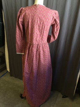 NL, Raspberry Pink, Maroon Red, Tan Brown, Lt Brown, White, Cotton, Polyester, Leaves/Vines , White Lace Round Neck and Small Puffy Long Sleeves Trim, Gathered Floor Length Skirt, Zip Back,