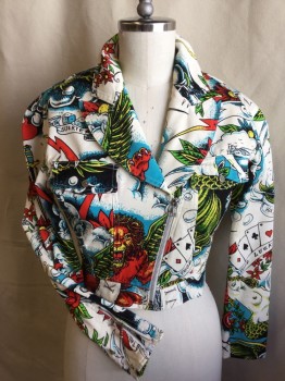 Womens, Jacket, NIKOS, White, Turquoise Blue, Red, Yellow, Gray, Cotton, Novelty Pattern, Floral, W:28, B:36, White Denim, Large Notched Lapel, Slanted Zip Front, 2 Pockets with Flap, Long Sleeves with Zipper Cuffs