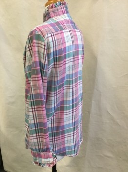 HABERDASHER, Pink, Red Burgundy, Lt Blue, Lt Green, Cream, Polyester, Plaid, Long Sleeves, Button Front, Stand Collar with Self Ruffled Trim on Collar & Cuffs