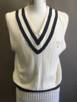 Mens, Sweater Vest, FACONNABLE, Cream, Navy Blue, Cotton, Solid, Stripes, S, Cream Knit with Navy Double Stripes at Deep V-neck and Waist, Pullover, 2 Tennis Racquets Faconnable Logo Embroidered at Chest, Retro 80's Looking