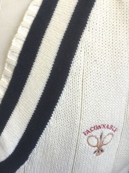 Mens, Sweater Vest, FACONNABLE, Cream, Navy Blue, Cotton, Solid, Stripes, S, Cream Knit with Navy Double Stripes at Deep V-neck and Waist, Pullover, 2 Tennis Racquets Faconnable Logo Embroidered at Chest, Retro 80's Looking