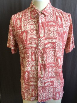 Mens, Hawaiian Shirt, QUICK  SILVER, Red, Cream, Polyester, Hawaiian Print, Color Blocking, XL, (DOUBLE) Cream with Heather Red, Collar Attached, Button Front, 1 Pocket, Short Sleeves,