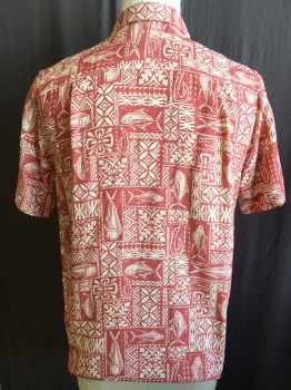 Mens, Hawaiian Shirt, QUICK  SILVER, Red, Cream, Polyester, Hawaiian Print, Color Blocking, XL, (DOUBLE) Cream with Heather Red, Collar Attached, Button Front, 1 Pocket, Short Sleeves,
