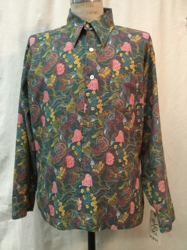 MGM, Gray, Rose Pink, Mustard Yellow, Orange, Blue, Synthetic, Floral, Button Front, Collar Attached, 1 Pocket, Long Sleeves,
