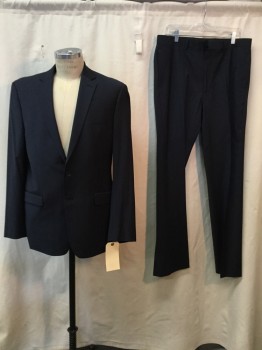 CALVIN KLEIN, Navy Blue, Wool, Solid, Navy, Notched Lapel, 2 Buttons,  3 Pockets,