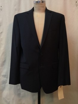 CALVIN KLEIN, Navy Blue, Wool, Solid, Navy, Notched Lapel, 2 Buttons,  3 Pockets,