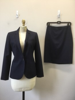 Womens, Suit, Jacket, JCREW, Navy Blue, Wool, Solid, 4, Navy, Notched Lapel, Collar Attached, 1 Button, 3 Pockets,
