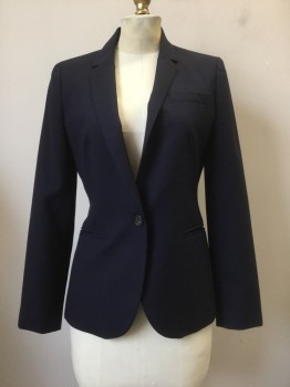JCREW, Navy Blue, Wool, Solid, Navy, Notched Lapel, Collar Attached, 1 Button, 3 Pockets,