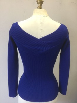 Womens, Pullover, INC, Royal Blue, Rayon, Nylon, Solid, XS, Lightweight Rib Knit, Bateau/Boat Neck in Front, Wrapped V-neck in Back, 3/4 Sleeve, Very Form Fitting