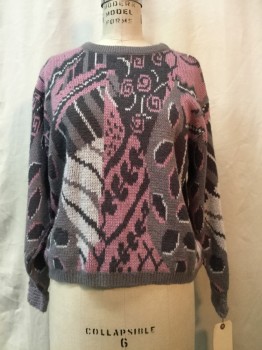 Womens, Sweater, D'ALLAIDS, Gray, Dk Gray, Pink, White, Synthetic, Abstract , S, Crew Neck, Gray Trim