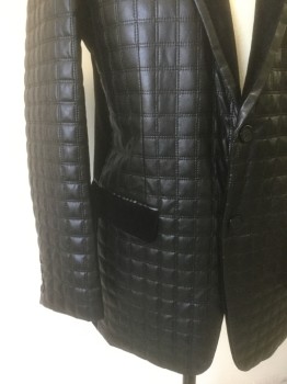 Mens, Sportcoat/Blazer, BLU MARTINI, Black, Faux Leather, Grid , 40R, Grid Pattern Quilted Pleather, Velvet Notched Lapel, and Trim on Pockets, Single Breasted, 2 Buttons, 3 Pockets, Gray Striped Lining