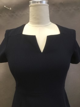 HOBBS, Navy Blue, Polyester, Solid, Square V-neck, Short Sleeves, Fitted, Back Zip