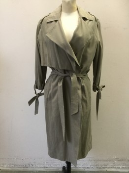 Womens, Coat, Trenchcoat, ALL SAINTS, Khaki Brown, Lyocell, Cotton, Solid, 4, Double Breasted, Collar Attached, Epaulets, 2 Pockets, Right Shoulder Flap, Tied Belted Cuffs with Cuff Belt Loops, with Self Belt, Multiples