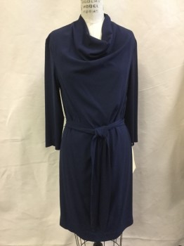 H&M, Navy Blue, Polyester, Solid, Crepe, Cowl Neck, Long Sleeves, Back Zipper, String Belt Loops, MATCHING BELT, Short