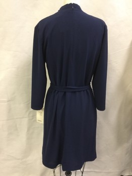 H&M, Navy Blue, Polyester, Solid, Crepe, Cowl Neck, Long Sleeves, Back Zipper, String Belt Loops, MATCHING BELT, Short