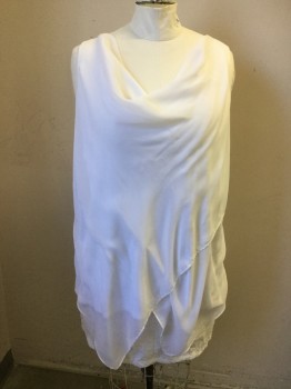 ALFANI, White, Polyester, Rayon, Solid, Rayon Cowl. Layer with Diagonal Hem, Second Rayon Layer with Diagonal Hem in Opposite Direction, Knit Under Layer, Sleeveless, Gathered at Back Yoke