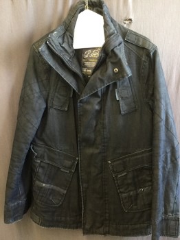 Mens, Jean Jacket, RIVER ISLAND, Midnight Blue, Cotton, Solid, S, Zip Front, Epaulette, Patch Flap Pockets, Stand Up Collar, Lining