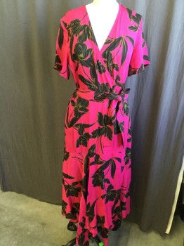 ALC, Fuchsia Pink, Black, Olive Green, Polyester, Floral, Sheer, Wrap-around V-neck, Short Sleeves,  with Self Detached BELT, 3/4 Length with Uneven Hem
