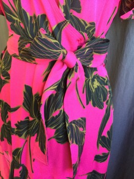 ALC, Fuchsia Pink, Black, Olive Green, Polyester, Floral, Sheer, Wrap-around V-neck, Short Sleeves,  with Self Detached BELT, 3/4 Length with Uneven Hem