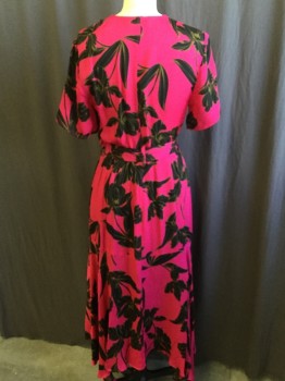 ALC, Fuchsia Pink, Black, Olive Green, Polyester, Floral, Sheer, Wrap-around V-neck, Short Sleeves,  with Self Detached BELT, 3/4 Length with Uneven Hem