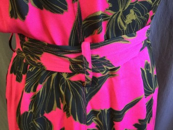 ALC, Fuchsia Pink, Black, Olive Green, Polyester, Floral, Sheer, Wrap-around V-neck, Short Sleeves,  with Self Detached BELT, 3/4 Length with Uneven Hem