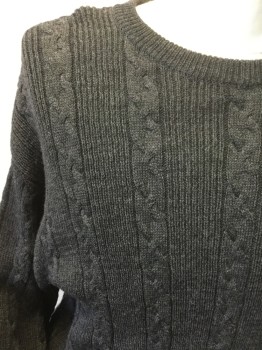 Mens, Pullover Sweater, BROOKS BROTHERS, Charcoal Gray, Wool, Cable Knit, Medium, Crew Neck, Long Sleeves,