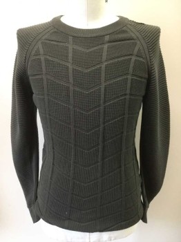 Mens, Pullover Sweater, G STAR RAW, Gray, Cotton, Solid, Geometric, L, Crew Neck, Grid Texture Knit, Long Raglan Sleeves
