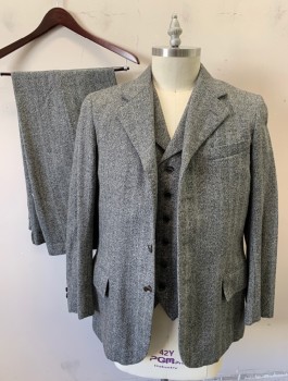 Mens, 1920s Vintage, Suit, Jacket, SIAM COSTUMES MTO, Gray, Charcoal Gray, Wool, Speckled, Stripes, W:38, 42R, I:32, Alternating Heather And Wide Woven Stripes, Single Breasted, 4 Buttons, Notched Lapel, 3 Pockets,