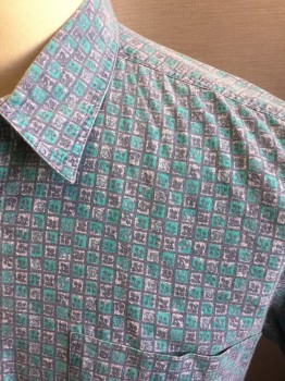 L.L. BEAN, Blue, Teal Blue, Cotton, Grid , Floral, Blue Grid with Flowers in the Center of Each Box, Button Front, Collar Attached, Short Sleeves