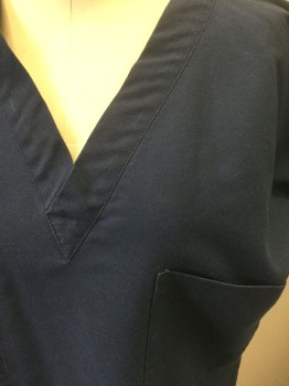 LANDAU, Navy Blue, Poly/Cotton, Solid, Dark Navy, Short Sleeves, V-neck, 1 Patch Pocket, (small White Stain on Pocket)