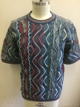 COOGI, Slate Blue, Cherry Red, White, Sea Foam Green, Beige, Cotton, Abstract , Textured Knit, Short Sleeves, Round Neck,  Authentic Coogi Label, "Cosby" Sweater,