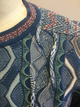 COOGI, Slate Blue, Cherry Red, White, Sea Foam Green, Beige, Cotton, Abstract , Textured Knit, Short Sleeves, Round Neck,  Authentic Coogi Label, "Cosby" Sweater,