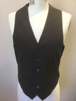 Mens, 1980s Vintage, Suit, Vest, GIVENCHY/ACADEMY AWA, Brown, Wool, 38, with Gray Dotted and Solid Pinstripes, 5 Buttons, 2 Welt Pockets, Belted Back,