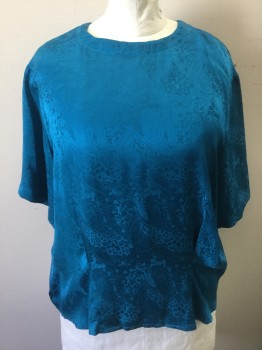 PAUL STANLEY, Turquoise Blue, Silk, Paisley/Swirls, Jacquard, Short Sleeves, Round Neck,  2 Darts at Waist, 3 Self Fabric Covered Buttons at Center Back,