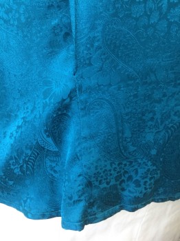 PAUL STANLEY, Turquoise Blue, Silk, Paisley/Swirls, Jacquard, Short Sleeves, Round Neck,  2 Darts at Waist, 3 Self Fabric Covered Buttons at Center Back,