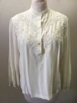 PEONY, Cream, Silk, Floral, Solid, Floral Eyelet Cutouts and Embroidery, Long Sleeves, 3 Button Placket, Band Collar,