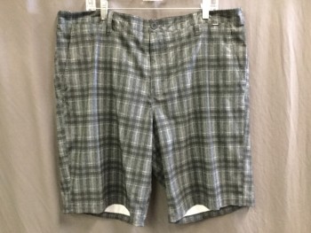 Mens, Swim Trunks, HURLEY, Black, Heather Gray, White, Polyester, Cotton, Plaid, 40, 1.5" Waistband, Flat Front, Zip Front, 5 Pockets