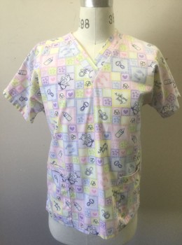 SCRUB H.Q., Multi-color, Lt Pink, White, Lavender Purple, Lime Green, Poly/Cotton, Novelty Pattern, Pastel Squares with Various Shapes (Flowers, Hearts, Etc) with "Welcome Baby" Text, Short Sleeves, V-neck, 2 Patch Pockets at Hips
