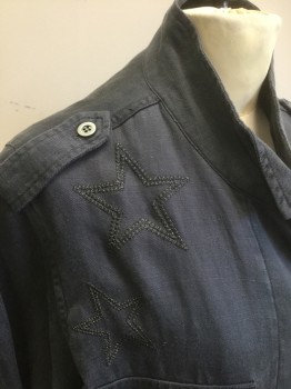 Womens, Casual Jacket, RAILS, Faded Black, Tencel, Linen, Solid, Stars, S, Denim/Twill,  Black Embroidered Stars Throughout, Covered Button Closures at Front, Stand Collar, Epaulettes at Shoulders, Drawstring Waist, 4 Pockets
